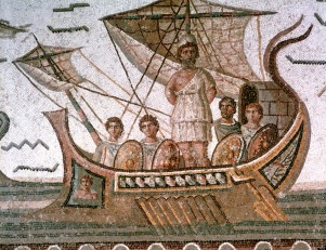 Odysseus (Ulysses) tied to the mast of his ship to save him from the Sirens. Homer Odyssey, epic Greek poem. Roman mosaic, 3rd